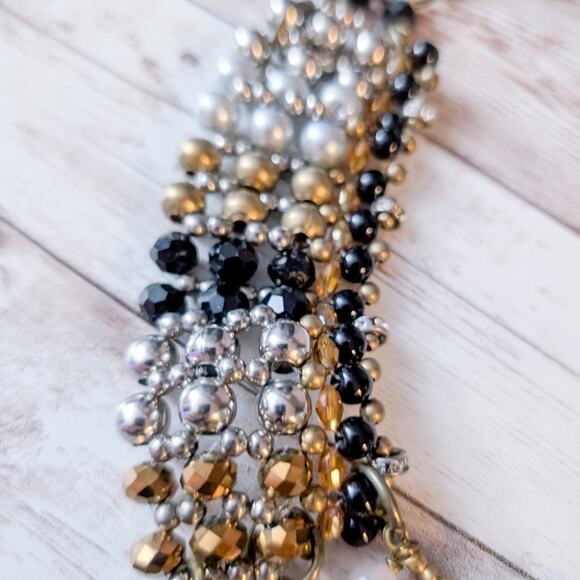 Anthropologie Pam Hiram Necklace Black & Gold Tone Glass Beaded Choker Bib - Picture 8 of 9